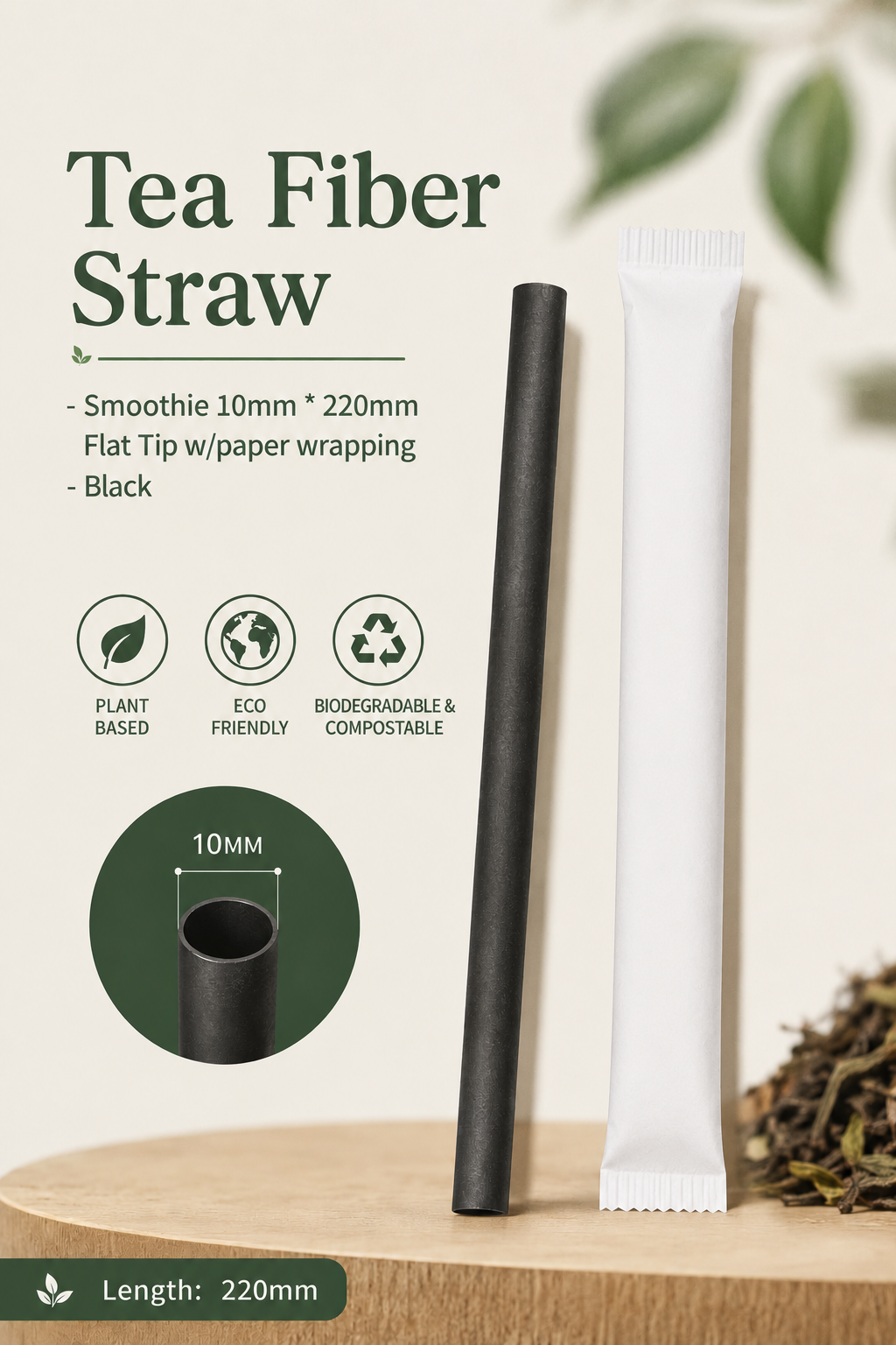 Tea Fiber Based Straws With Paper Wrapping-Smoothie 10mm * 220mm Flat End - Black