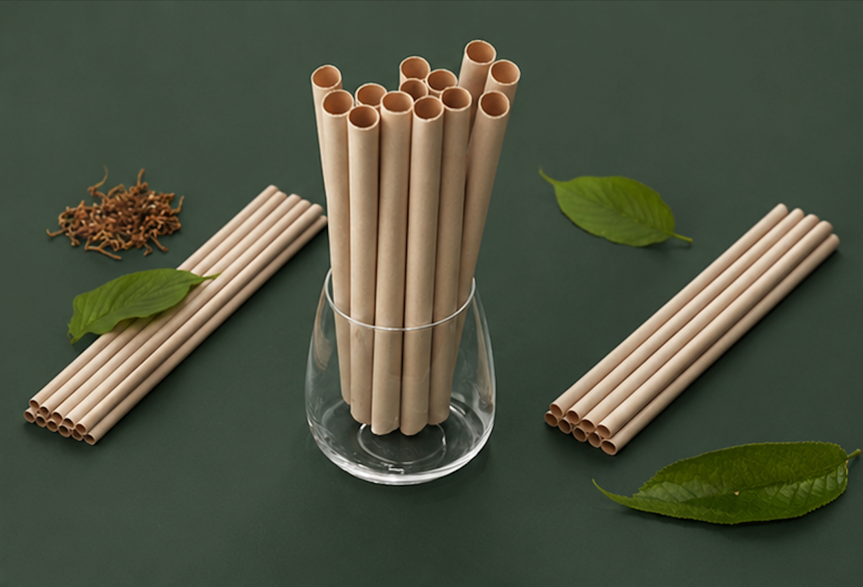 Set of biodegradable straws in a clear holder on a dark surface with leaves.