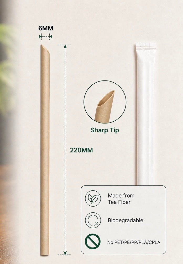 Tea Fiber Straws With Paper Wrapping-Slim 6mm * 220mm Sharp End - Beige