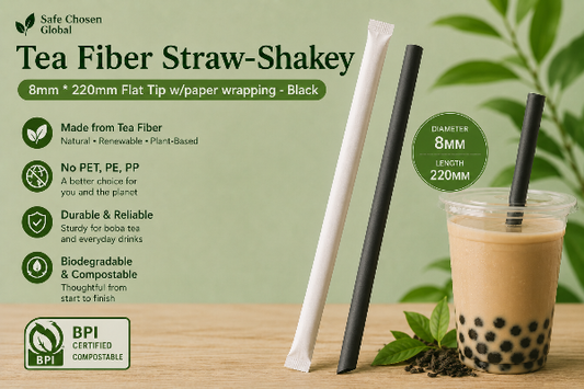 Tea Fiber Straws With Paper Wrapping -Shakey 8mm * 220mm Flat End - Black