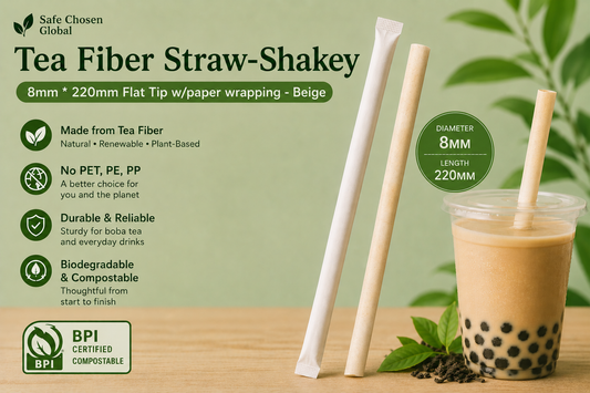 Tea Fiber Straws With Paper Wrapping -Shakey 8mm * 220mm Flat End - Beige