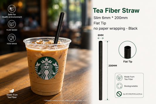 Tea Fiber Straw-Slim 6mm * 200mm Flat Tip no paper wrapping - Black