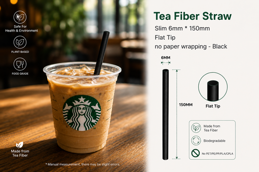 Tea Fiber Straw-Slim 6mm * 150mm Flat Tip no paper wrapping - Black